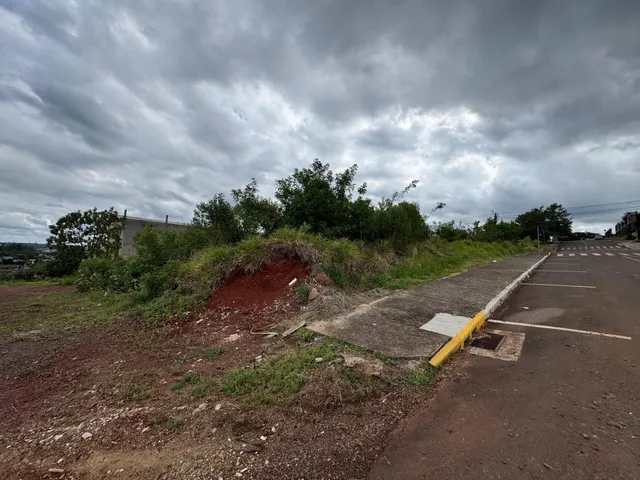 Vista externa da propriedade ao lado de uma estrada com vegetação rasteira.