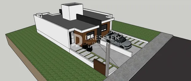 Vista externa de uma residência em Lajeado, Brasil, apresentada em renderização 3D.