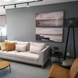 Foto de uma sala de estar com sofá e paredes cinzas.