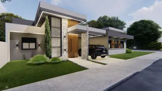Fachada moderna de uma casa residencial em Lajeado, Brasil, com paisagismo frontal.