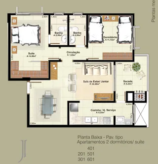 Planta baixa de um apartamento de dois dormitórios com suíte.