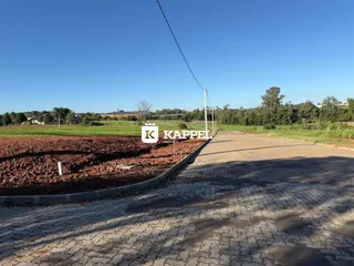Vista externa de uma estrada de terra adjacente a um campo aberto.