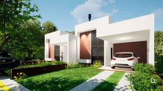 Fachada de uma casa moderna branca com jardim e caminho.