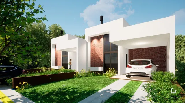 Fachada de uma casa moderna branca com jardim e caminho.