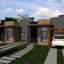 Fachada moderna de uma residência com jardim e calçada.