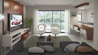 Sala de estar moderna com sofá cinza e decoração contemporânea.