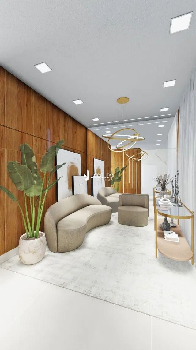 Sala de estar moderna com decoração em tons neutros.