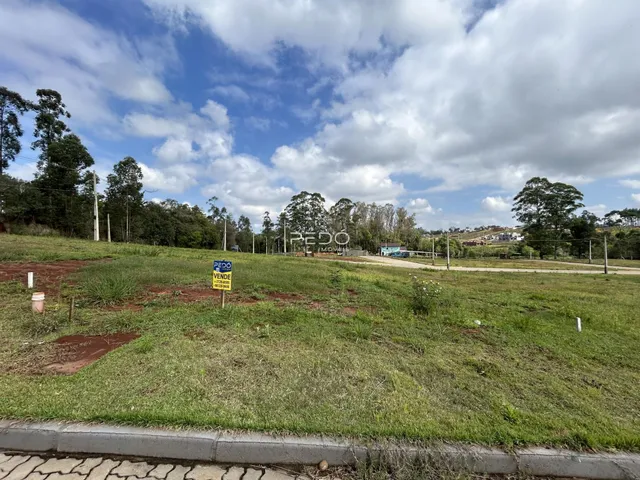 Vista externa de um terreno gramado com vegetação e árvores.