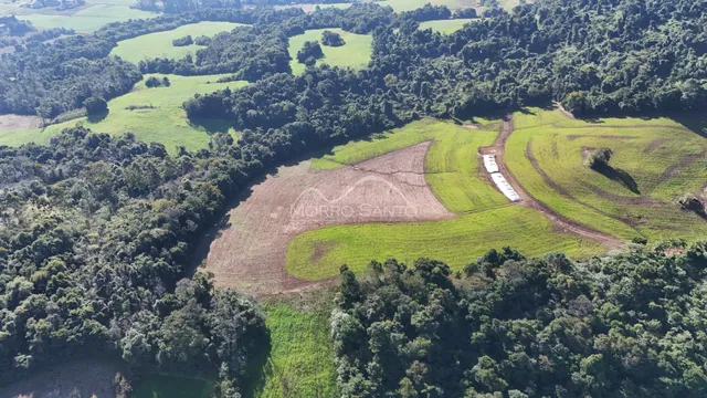 Vista aérea de uma propriedade rural com campos e vegetação densa na região de Lajeado.