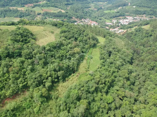 Vista aérea de uma área de mata e colinas verdes no interior do Brasil.