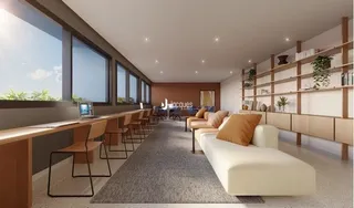 Sala de estar com grandes janelas e decoração moderna.