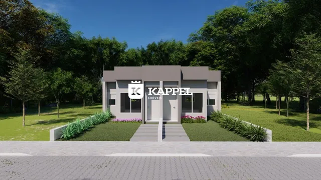 Fachada moderna de uma casa em Lajeado, Brasil, com paisagismo verde.