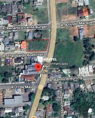 Vista aérea de uma propriedade em Lajeado, Brasil, mostrando a localização em relação a ruas adjacentes.