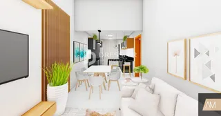 Sala de estar moderna com paredes brancas e detalhes em madeira clara.