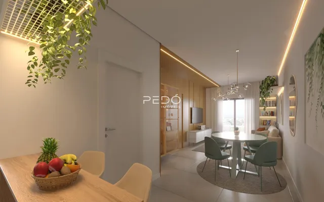 Sala de estar e jantar moderna com decoração de plantas e iluminação clara.