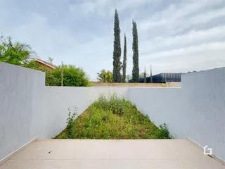 Vista externa de um muro branco com vegetação densa na frente.