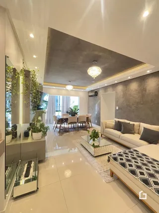 Sala de estar moderna com piso claro e sofá.