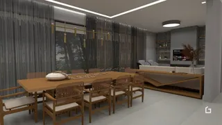 Uma sala de jantar com mesa de madeira e cadeiras em um imóvel no Brasil.