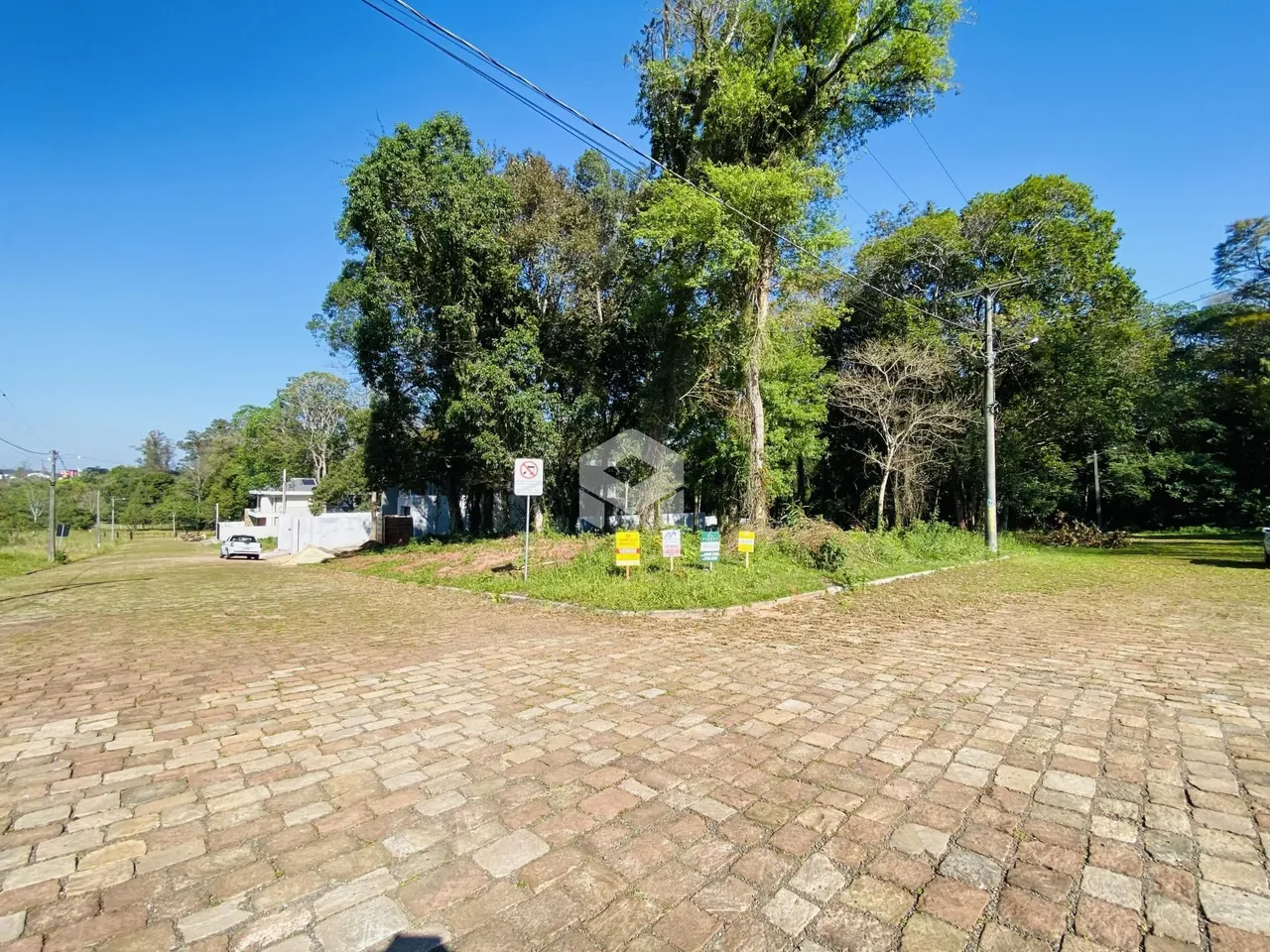 Vista externa de um terreno com pavimentação de tijolos e vegetação.