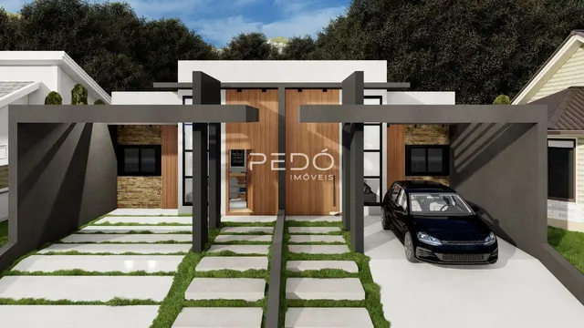 Fachada moderna de uma residência com portão e entrada em Lajeado.