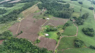 Vista aérea de uma área rural com campos e vegetação na região de Lajeado.