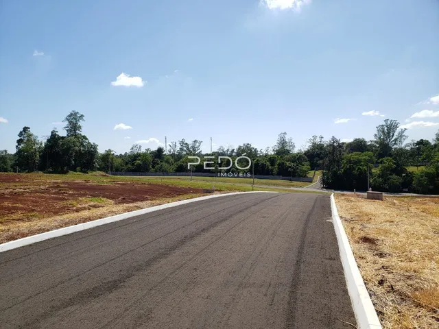 Uma estrada asfaltada leva a uma área de terra aberta com vegetação ao fundo.