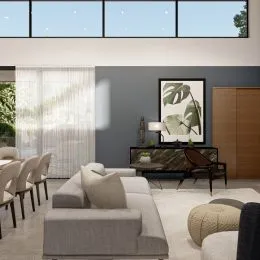 Uma sala de estar moderna com sofá e grandes janelas.