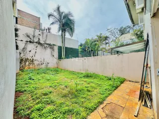 Vista externa de um quintal com grama alta e um muro alto.