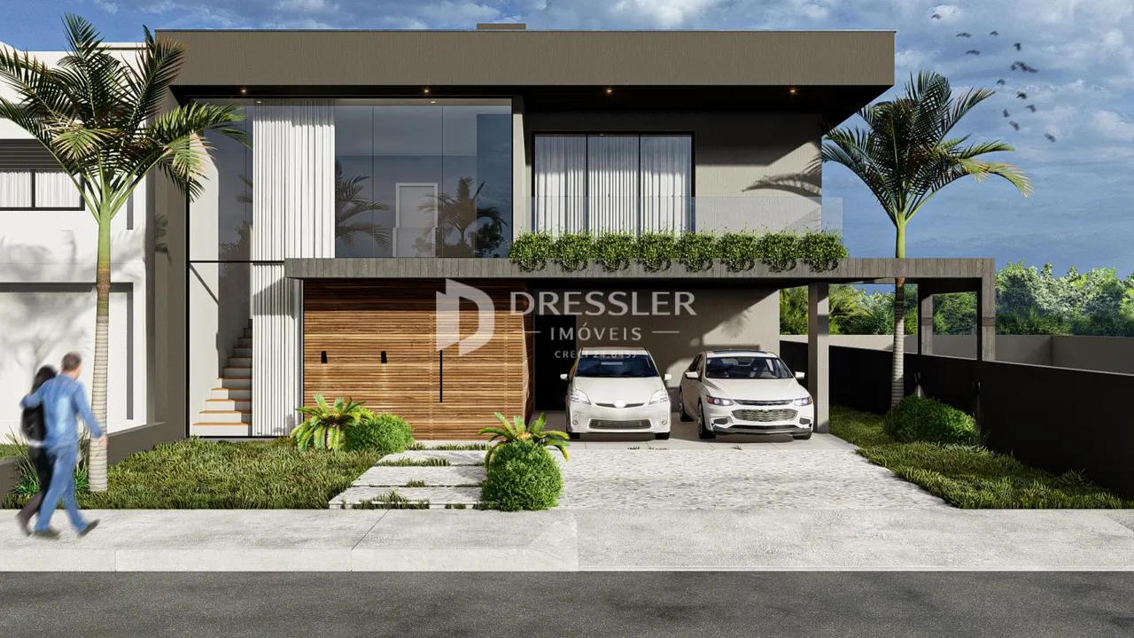 Fachada de uma residência moderna com jardim e garagem em Lajeado, Brasil.
