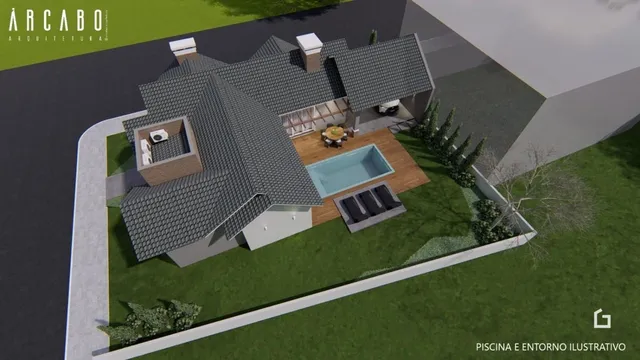 Vista externa de uma residência com piscina e jardim em Lajeado.