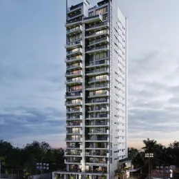 Fachada de um prédio residencial alto em Lajeado, Brasil, com múltiplos terraços.