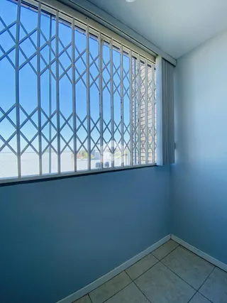 Vista da janela de uma sala com moldura em losangos.