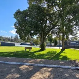 Foto externa mostrando gramado e árvores em uma área verde.