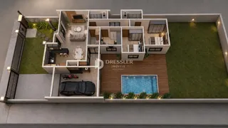 Renderização de uma casa moderna com piscina e jardim em Lajeado.
