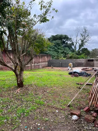 Uma área externa com grama e terra em um terreno.