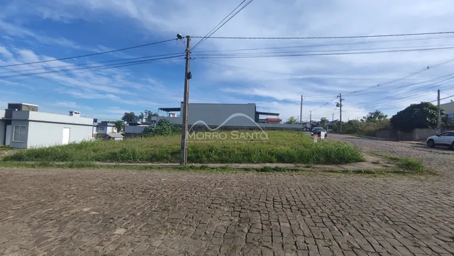 Vista externa de uma rua com vegetação e postes em Lajeado, Brasil.
