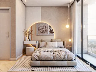 Interior de um quarto com cama e grande janela.