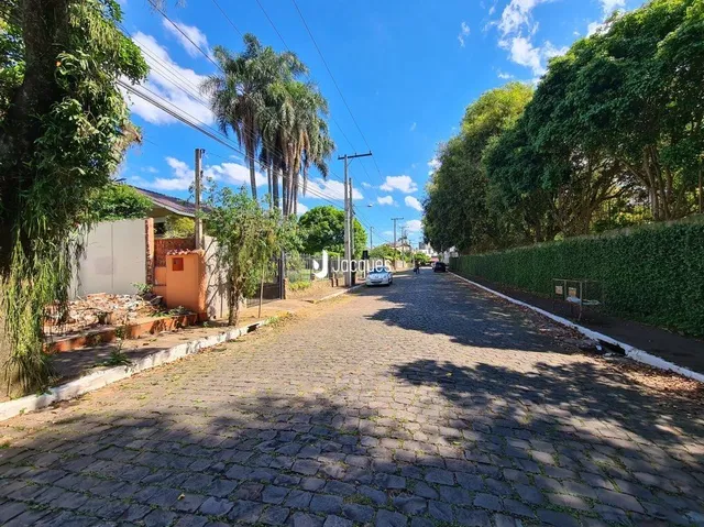 Fachada da propriedade com paisagismo e rua pavimentada.