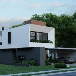 Fachada moderna de uma residência em Lajeado, Brasil, com paisagismo.