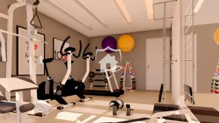 Imagem de uma sala de estar interna com teto alto.