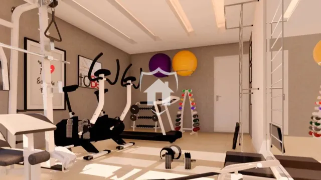 Imagem de uma sala de estar interna com teto alto.