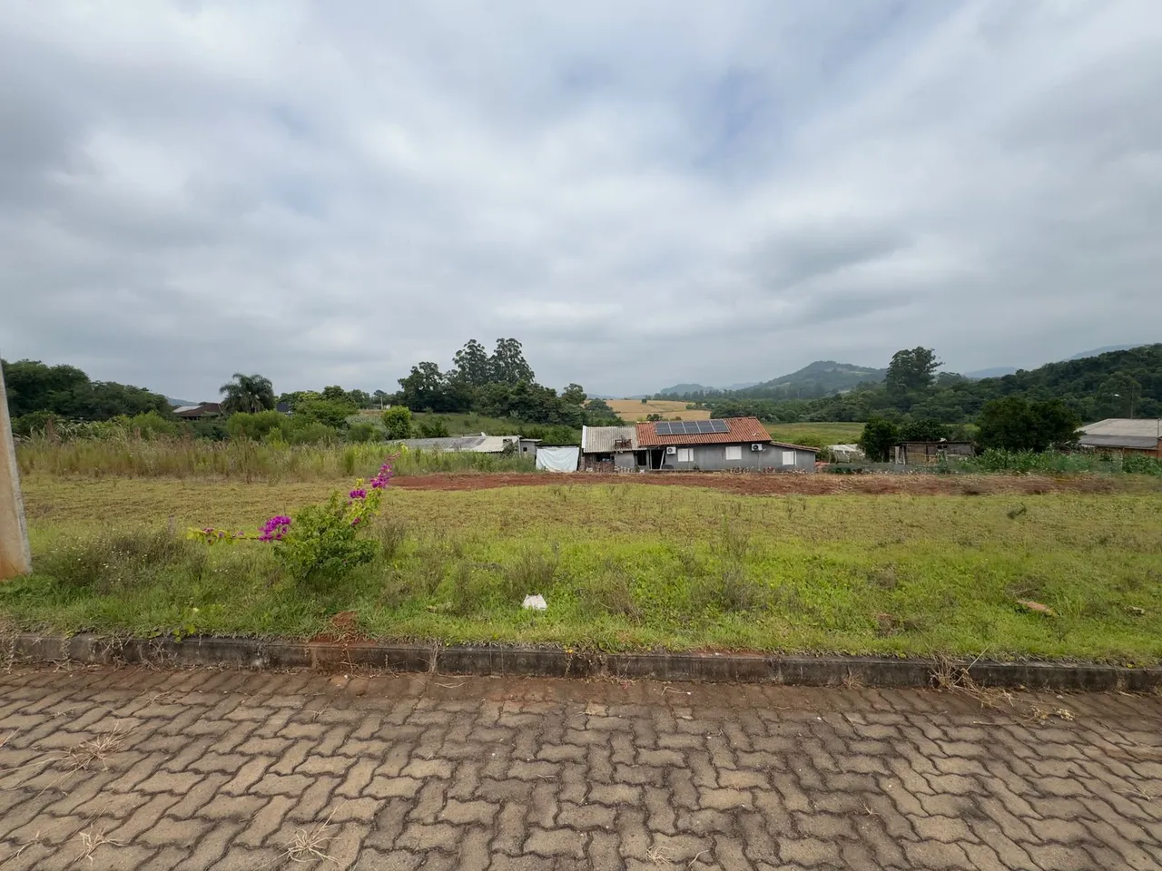 Vista externa de uma propriedade rural com vegetação e estruturas ao fundo.