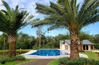 Vista externa de uma casa com piscina e paisagem tropical.