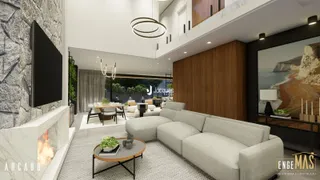 Sala de estar moderna com sofá grande e lareira em um imóvel.