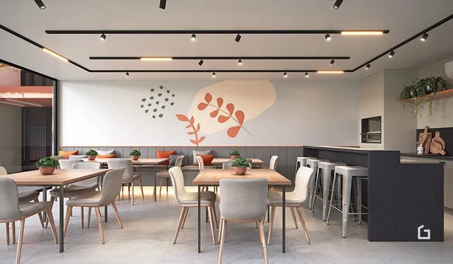 Ambiente interno moderno com piso de madeira e decoração de parede.