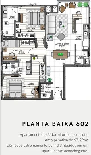 Planta baixa do apartamento 602 em Lajeado, Brasil, mostrando a distribuição dos cômodos.