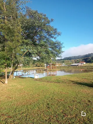 Paisagem de água e vegetação com colinas ao fundo.