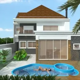 Foto externa de uma residência com piscina e jardim.