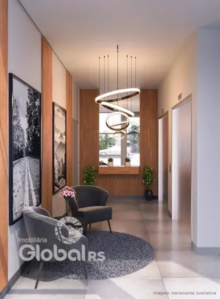 Sala de estar moderna com painéis de madeira e luminária de design.