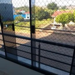 Vista externa de um quintal com vegetação e cerca.